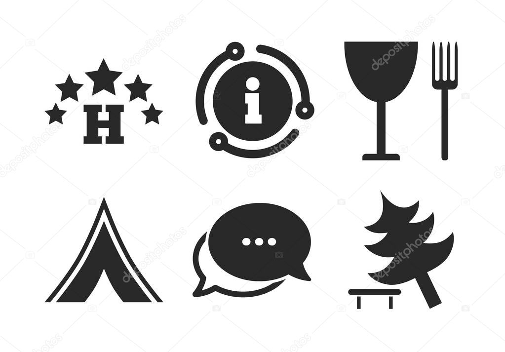 Food, hotel, camping tent and tree signs. Vector