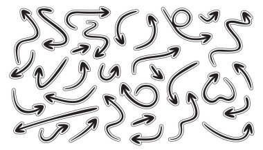 Ok çizgisi simgeleri ayarlandı. Kıvırcık, düz ve çarpık şekiller. Farklı oklar koleksiyonu. Tasarım elemanları. Vektör