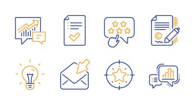 Muhasebe, Kopyalama ve Açık posta simgeleri seti. Fikir, Sıralama Yıldızı ve Onaylanmış Liste İşaretleri. Vektör