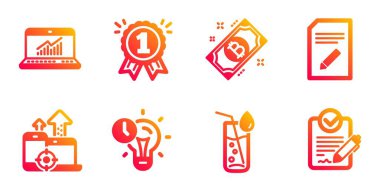 Seo cihazları, Su camı ve Zaman yönetimi simgeleri ayarlayın. Belgeyi, Çevrimiçi istatistikleri ve Bitcoin işaretlerini edin. Vektör