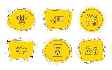 Teknik dokümantasyon, Termometre ve Seo istatistik simgeleri ayarlayın. Dolar parası, Yıldız ve Sallary işaretleri. Vektör