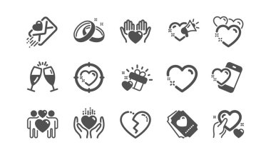 Aşk simgeleri. Hediye kutusu, Kalp ve Romantik mektup. Klasik set. Vektör