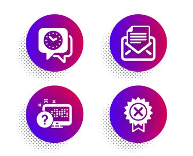 Online quiz, Saat ve Posta yazışma simgeleri ayarlayın. Madalya işaretini reddet. Web desteği, Zaman, E-posta bülteni. Vektör