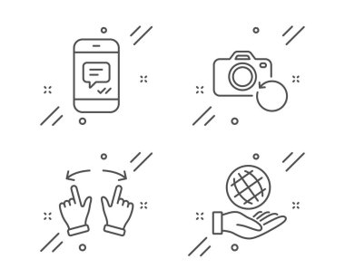 Hareketli jest, Kurtarma fotoğrafı ve İleti simgeleri ayarlandı. Güvenli gezegen işareti. Geçiş, yedekleme verileri, telefon kuryesi. Vektör