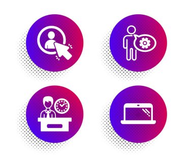 Kullanıcı, sunum zamanı ve çark simgeleri ayarlandı. Laptop işareti. Proje yöneticisi, Rapor, Mühendislik aracı. Vektör