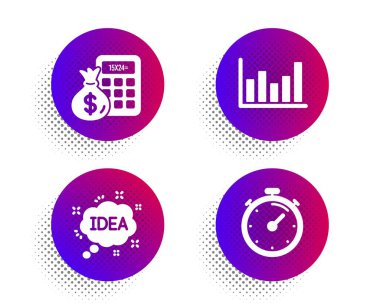 Fikir, Finans hesap makinesi ve Sütun grafik simgeleri ayarlandı. Zamanlayıcı işareti. Vektör