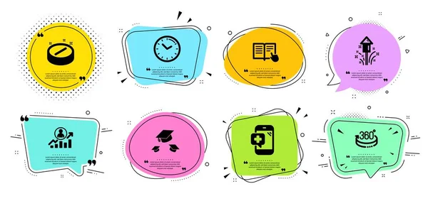 Zaman, kariyer merdiveni ve okuma talimatı simgeleri ayarlandı. Havai fişekler, tıbbi telefon ve tablet tabelalar. Vektör