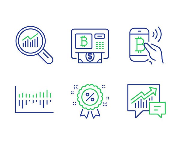 Discount, Bitcoin atm and Bitcoin pay icons set. Column diagram, Data analysis and Accounting signs. Vector