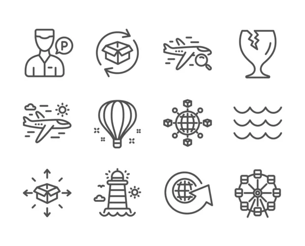 Set of Transportation icons, such as Air balloon, Lighthouse, Search flight. Vector — Stock vektor