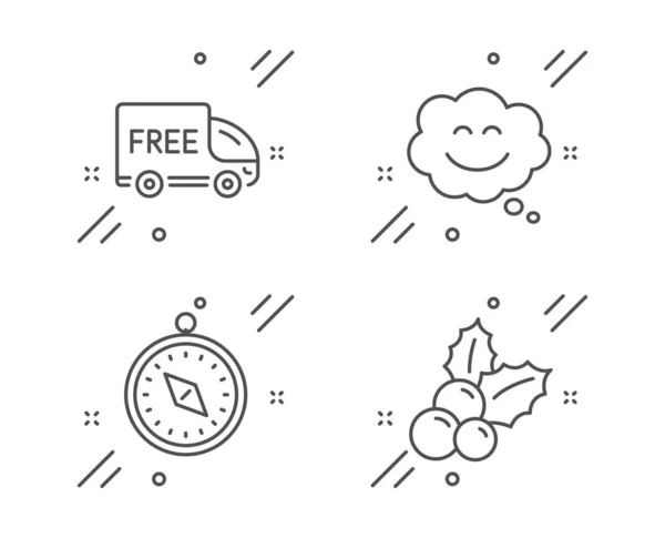 Travel compass, Free delivery and Smile chat icons set. Christmas holly sign. Vector