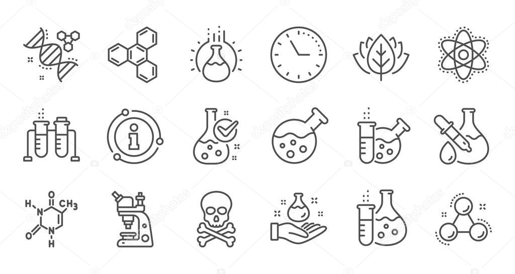 Chemistry lab line icons. Chemical formula, Microscope and Medical analysis. Linear set. Vector