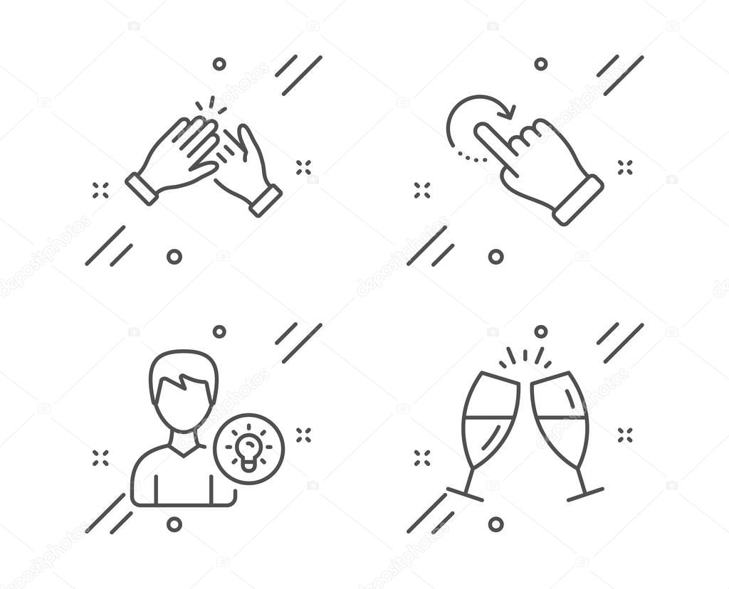 Clapping hands, Person idea and Rotation gesture icons set. Champagne glasses sign. Clap, Lamp energy, Undo. Vector