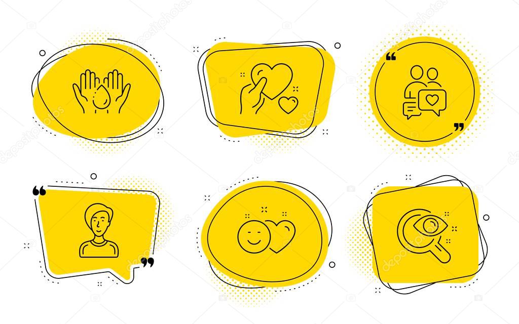 Businesswoman person, Smile and Wash hands icons set. Dating chat, Hold heart and Vision test signs. Vector