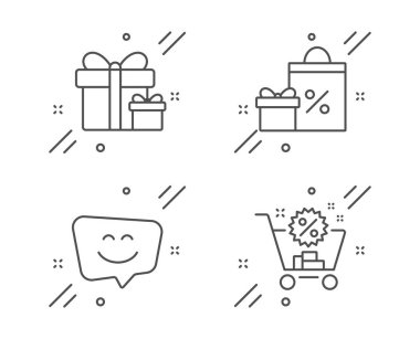 Alışveriş, Smile yüz ve Sürpriz paket simgeleri ayarlayın. Alışveriş sepeti tabelası. Hediyeler ve satış, Sohbet, Mevcut kutuları. Vektör