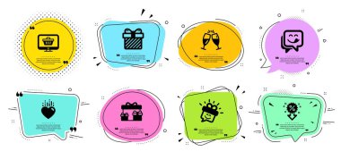 Lezzetli gülümseme, gülümseme ve sürpriz kutular seti. Şampanya bardakları, sürpriz ve internet tabelası. Vektör