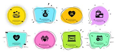 Satış, Bir Aşk ve Araba Seyahat ikonu seti. Alışveriş, Noel Baba çuvalı ve takvim indirimleri. Vektör