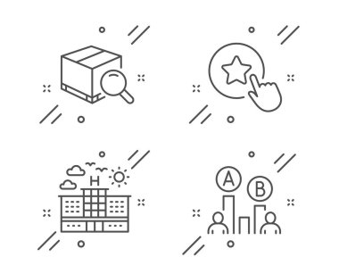 Arama paketi, Otel ve Sadakat yıldız simgeleri ayarlandı. Ab testi işareti. İzleme servisi, Seyahat, Bonus ödülü. Vektör