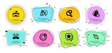 Aşağı kaydırın, Sohbeti Destekleyin ve Tıbbi ayarlanan simgeleri analiz eder. Wifi, Zaman yönetimi ve Arena işaretleri. Vektör