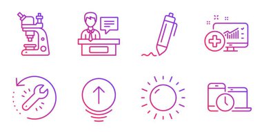 Kurtarma aracı, mikroskop ve simgeler ayarlandı. Tıbbi analizler, sergi açanlar ve güneşli hava işaretleri. Vektör