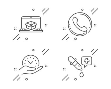 Çağrı merkezi, güvenli zaman ve çevrimiçi dağıtım simgeleri ayarlandı. Kimya pipeti işareti. Vektör