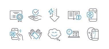 Tıbbi telefon, sertifika, gülümseme sohbeti gibi iş simgeleri. Vektör