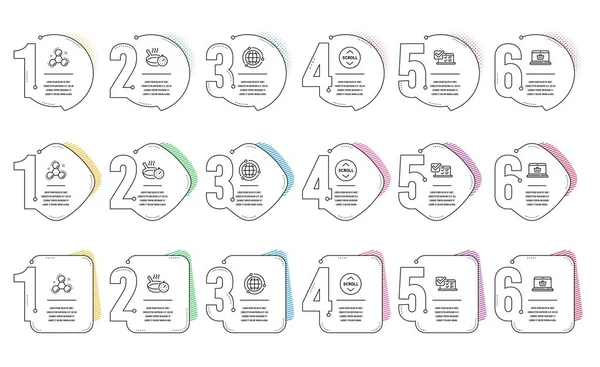 环球，在线调查和在线购物图标设置。化学分子，煎锅和向下滚动的迹象。向量 — 图库矢量图片