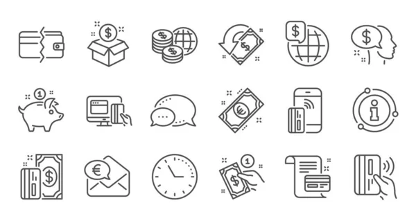 Symbole für Zahlungszeilen. Banküberweisung, Sparschwein und Kreditkarte. Linearer Symbolsatz. Vektor — Stockvektor