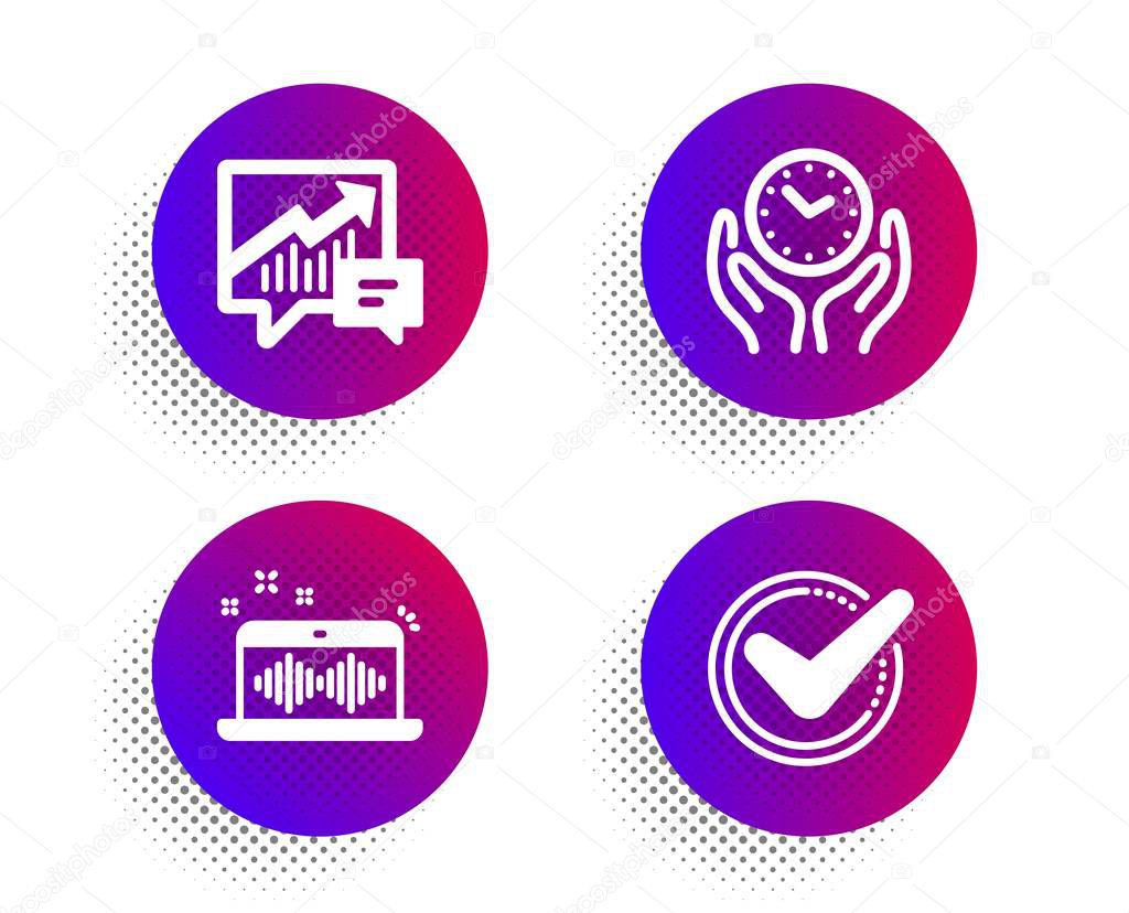 Accounting, Safe time and Music making icons set. Confirmed sign. Supply and demand, Hold clock, Dj app. Vector