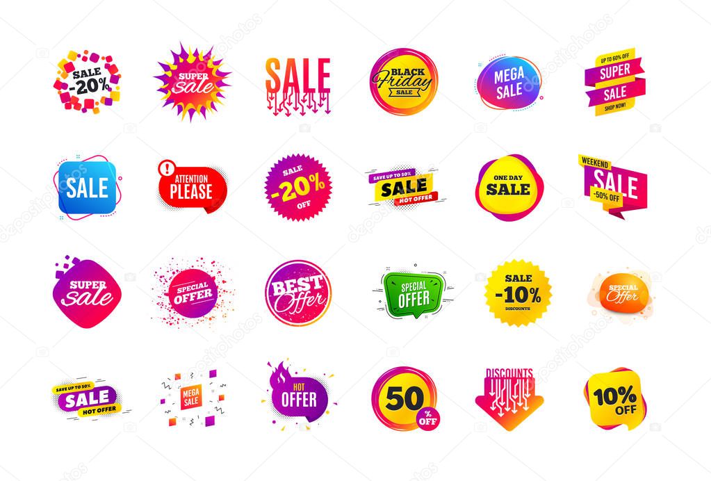 Sale banner badge. Special offer discount tags. Coupon shape templates. Best offer badge. Super discount icons. Vector