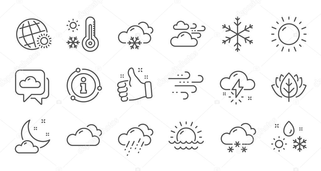 Weather and forecast line icons. Cloudy sky, winter snowflake and thermometer. Linear set. Vector