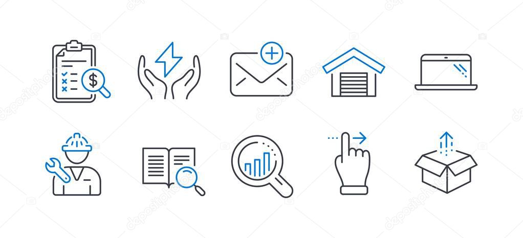 Set of Technology icons, such as New mail, Parking garage, Safe energy. Vector