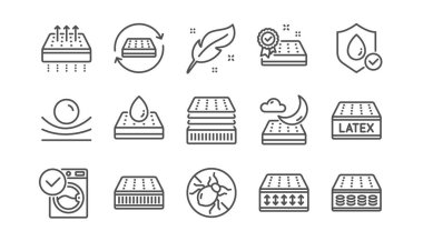 Mattress line icons set. Memory foam, pillow, latex. Breathable, washable, bed tick icons. Light weight, natural material, pocket sprung mattress. Bed mite, antiallergic latex. Linear set. Vector clipart
