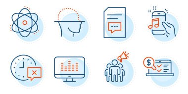 Yüz taraması, yorumlar ve zaman işaretleri. Marka elçisi, Atom ve Online muhasebe çizgisi simgeleri ayarlandı. Müzik telefonu, müzik sembolleri. Megafon, Elektron. Teknoloji hazır. Taslak simgeleri ayarlandı. Vektör