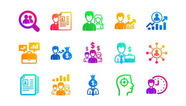 Kafa avcılığı, iş merkezi ve kullanıcı. İnsan kaynakları ikonları. Klasik simge setiyle röportaj yap. Gradyan desenler. Kalite işaretleri ayarlandı. Vektör