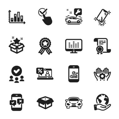 Smartphone istatistikleri gibi bir dizi teknoloji ikonu, Smartphone bozuk. Sertifika, onaylı grup, gezegeni kurtarma. Diyagram grafiği, online kredi, Checkbox. Telefon anketi, araba, müzik. Vektör