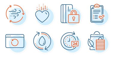 24 saat teslimat, suyu doldur ve enerji işaretlerini doldur. Bloke kart, biyoloji alışverişi ve Kurtarma Hattı simgeleri ayarlandı. Kalp, onaylanmış kontrol listesi sembolleri. Özel para, Leaf. İş seti. Vektör