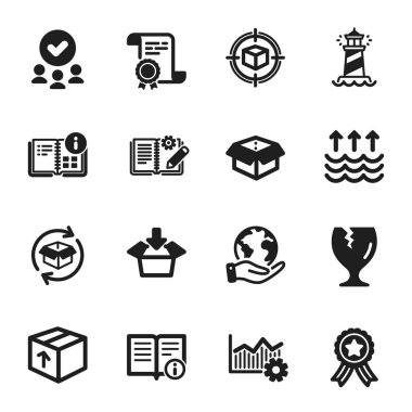 Teknik bilgiler, Mühendislik belgeleri gibi bir dizi endüstriyel simge. Sertifika, onaylı grup, gezegeni kurtarma. Paket takibi, paket, kutuyu aç. Kutuyu al, Deniz feneri, Dönüş paketi. Vektör