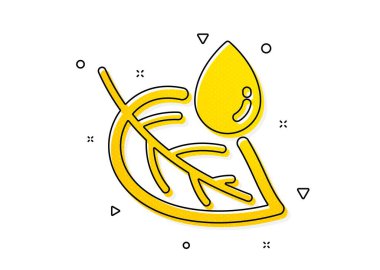 Doğa çiy tabelası. Su damlası ikonlu yaprak. Çevresel bakım sembolü. Sarı daireler şeklinde. Klasik yaprak çiğ ikonu. Geometrik elementler. Vektör