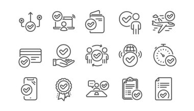 Onay satırı simgeleri ayarlandı. Kabul edilmiş belge, doğru seçim, görüşme. Kalite kontrolü, koruma, liste simgeleri. Garanti belgesi, kabul edilmiş kart, onay onayı. Uçuş onaylandı. Vektör