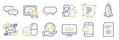 İş simgeleri kümesi, Görünüm belgesi, Akıllı Telefon iletisi gibi. Sertifika, gezegeni kurtar. E-posta, otopark, müzik. Temiz gömlek, tıbbi ilaçlar, Messenger. Vektör