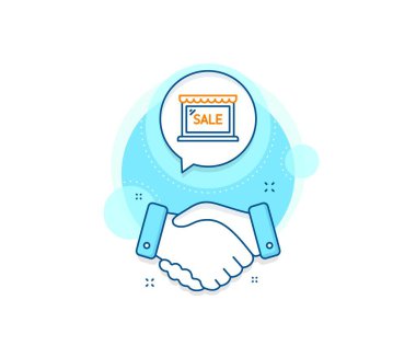 Alışveriş mağazası indirimi tabelası. Tokalaşma kompleksi simgesi. Satış çizgisi ikonu. Temizlik sembolü. Anlaşma el sıkışma afişi. Satış tabelası. Vektör