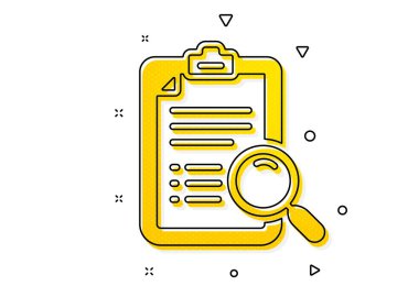 Belge işaretini bul. Arama analiz simgesi. Camı büyüt. Sarı daireler şeklinde. Klasik arama analiz ikonu. Geometrik elementler. Vektör