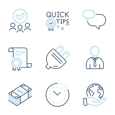 Elektrik prizi, İnsan ve Hızlı ihbar hattı simgeleri ayarlandı. Diploma sertifikası, gezegeni kurtarmak, bir grup insan. Sohbet mesajı, zaman yönetimi ve para birimi tabelaları. Vektör