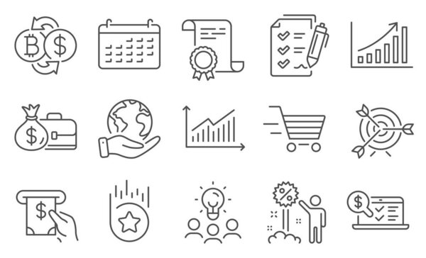 Set of Finance icons, such as Online accounting, Target. Diploma, ideas, save planet. Survey checklist, Atm service, Graph chart. Loyalty star, Delivery shopping, Bitcoin exchange. Vector