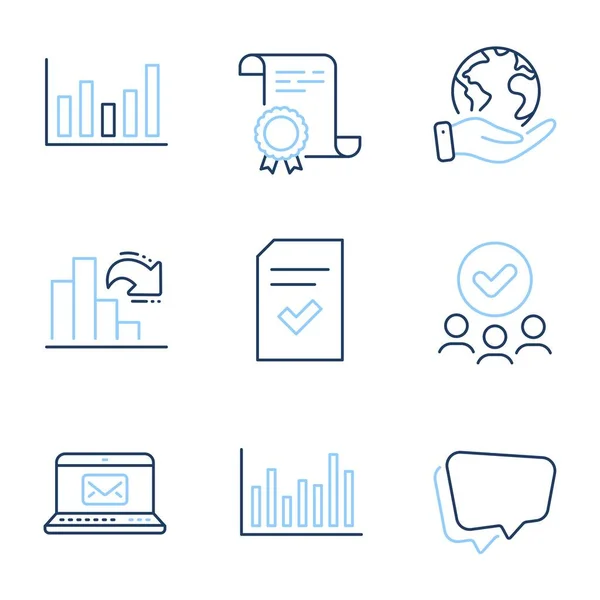 Mail Spaltendiagramm Und Sprechblasenzeilensymbole Gesetzt Diplom Zertifikat Rettet Den Planeten — Stockvektor