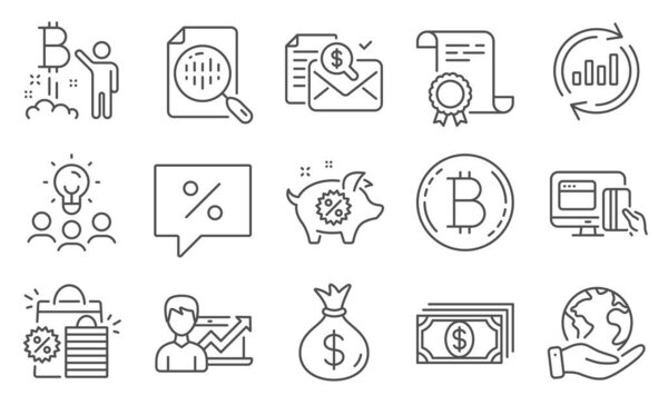 Set of Finance icons, such as Update data, Accounting report. Diploma, ideas, save planet. Money bag, Shopping bags, Success business. Bitcoin project, Piggy sale, Analytics chart. Vector