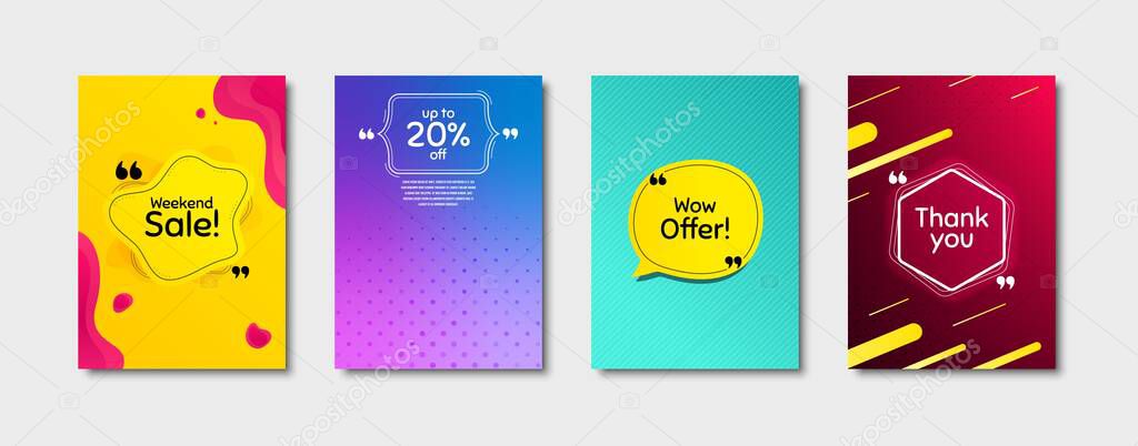 Weekend sale, 20% discount and wow offer. Dynamic cover design. Creative fluid background. Thank you phrase. Sale shopping text. Poster cover template with chat bubble. Vector