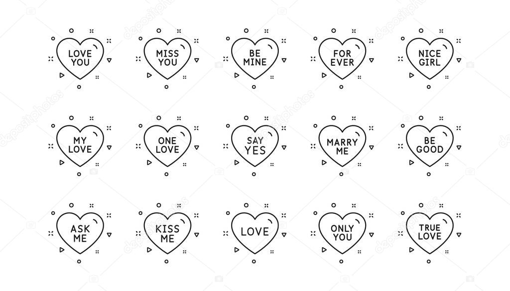 Sweetheart for valentines day, love heart, romantic message. Sweet heart line icons. Marry me, kiss me, true love icons. Valentine flirt, dating message. Linear set. Geometric elements. Vector