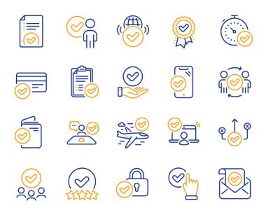 Satır simgelerini onayla. Röportaj, kabul edilmiş belge, doğru seçim. Kalite kontrolü, koruma, liste simgeleri. Garanti belgesi, kabul edilmiş kart, onay onayı. Uçuş onaylandı. Vektör