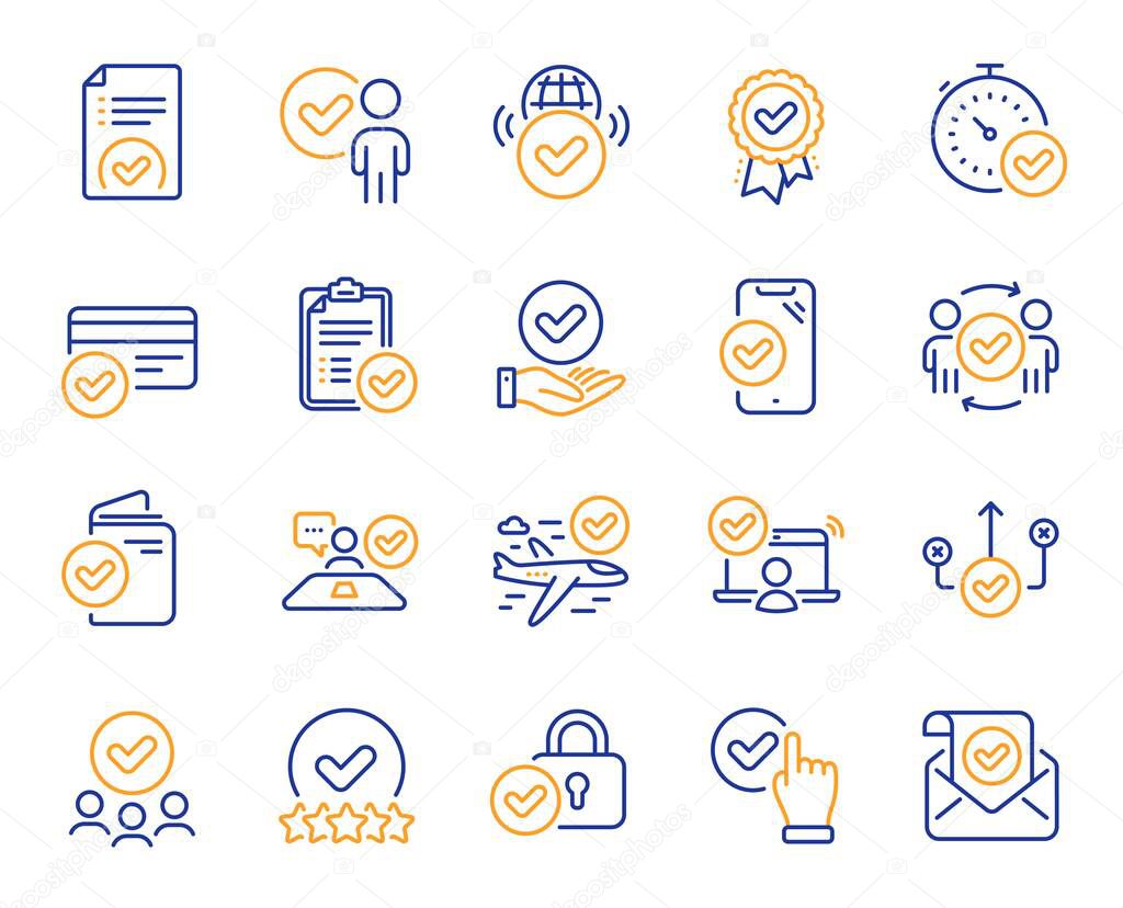 Approve line icons. Interviewed, accepted document, right choice. Quality check, protection, checklist icons. Guarantee document, accepted card, approve verification. Flight confirmed. Vector
